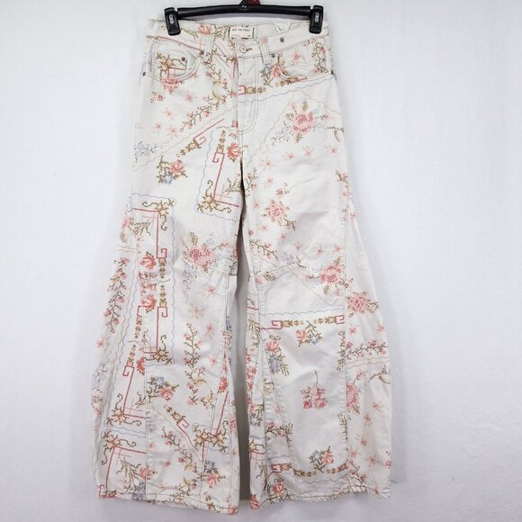 Free People Eden Printed High Slouchy Flare Jean Size 28 Floral Boho Button Fly - Picture 2 of 16